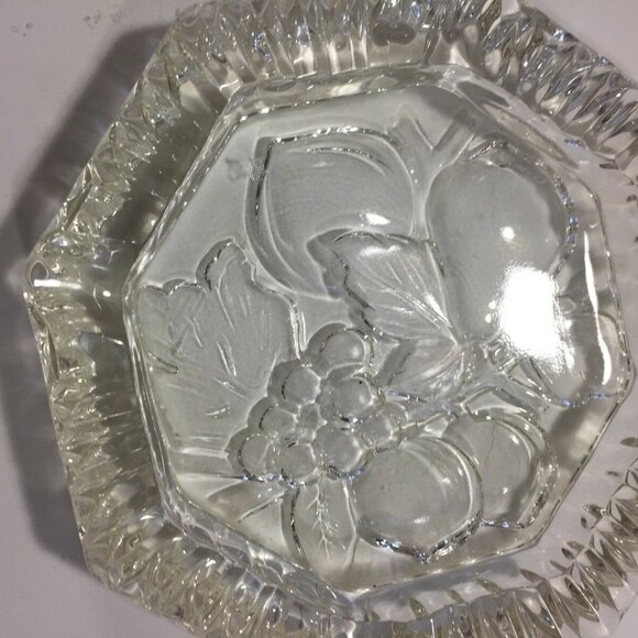 Vintage Table Ashtray Clear Glass Bottom Etched Fruit Octagon Shape 3.8” Wide - Picture 5 of 7